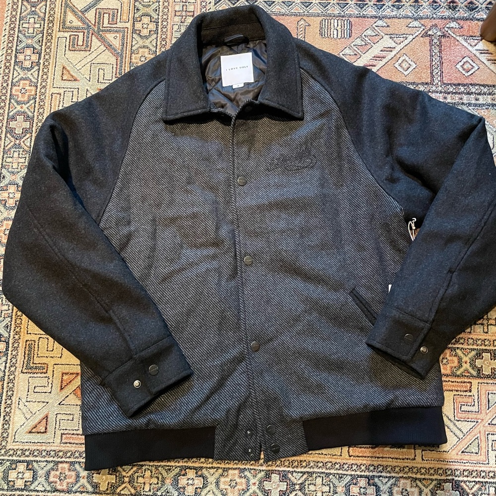 I Love Ugly- RAGLAN VARSITY JACKET - CHARCOAL- NWT